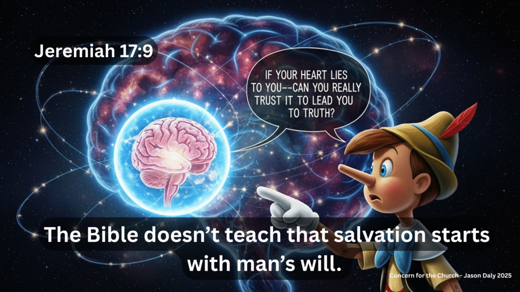 Pinocchio talking to a brain and pointing with his finger