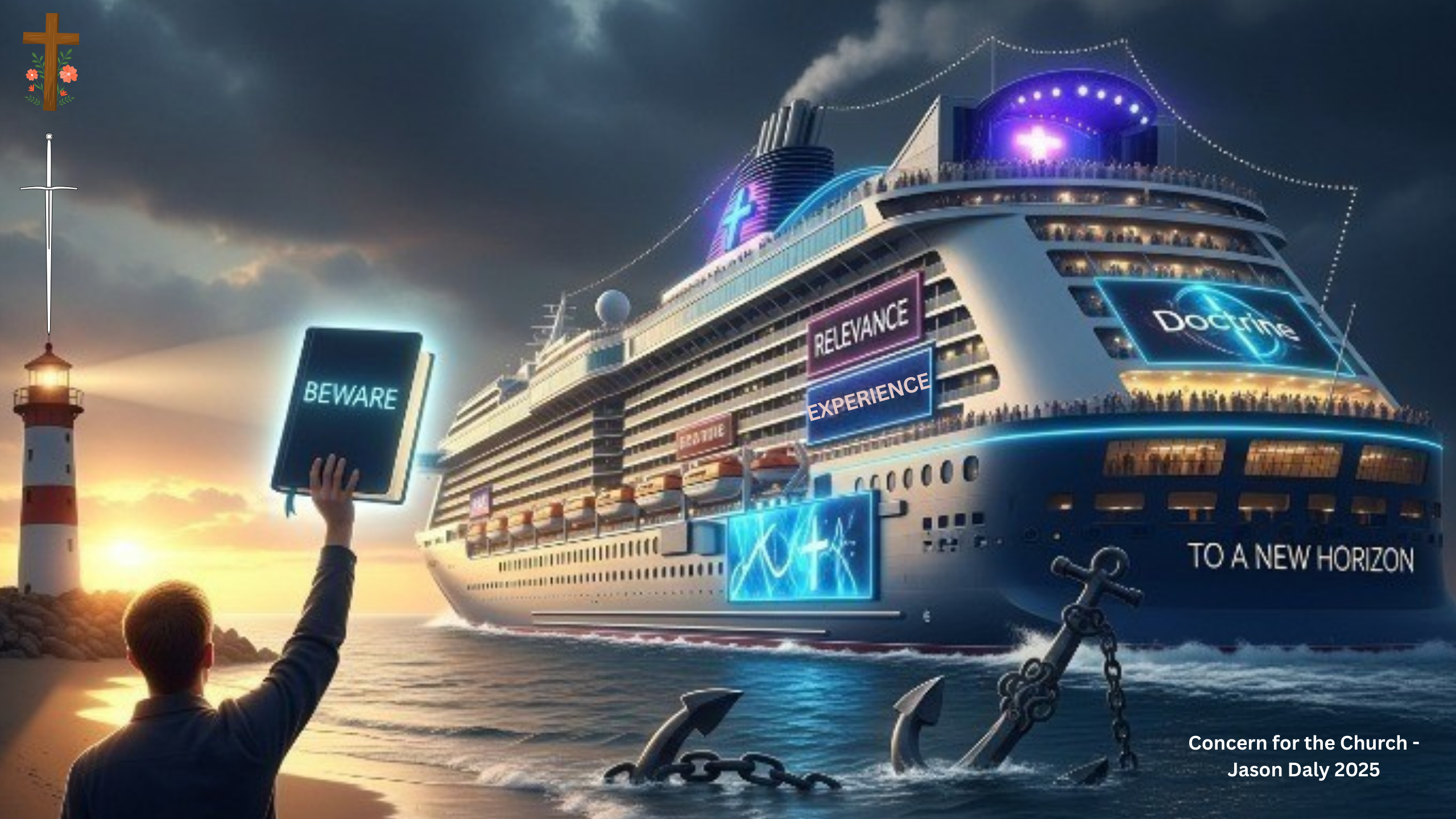 A cruise ship with people drifting to at new land