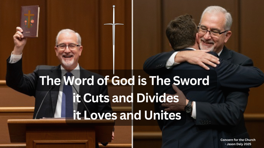 A preacher holds up the bible and also is giving someone a hug