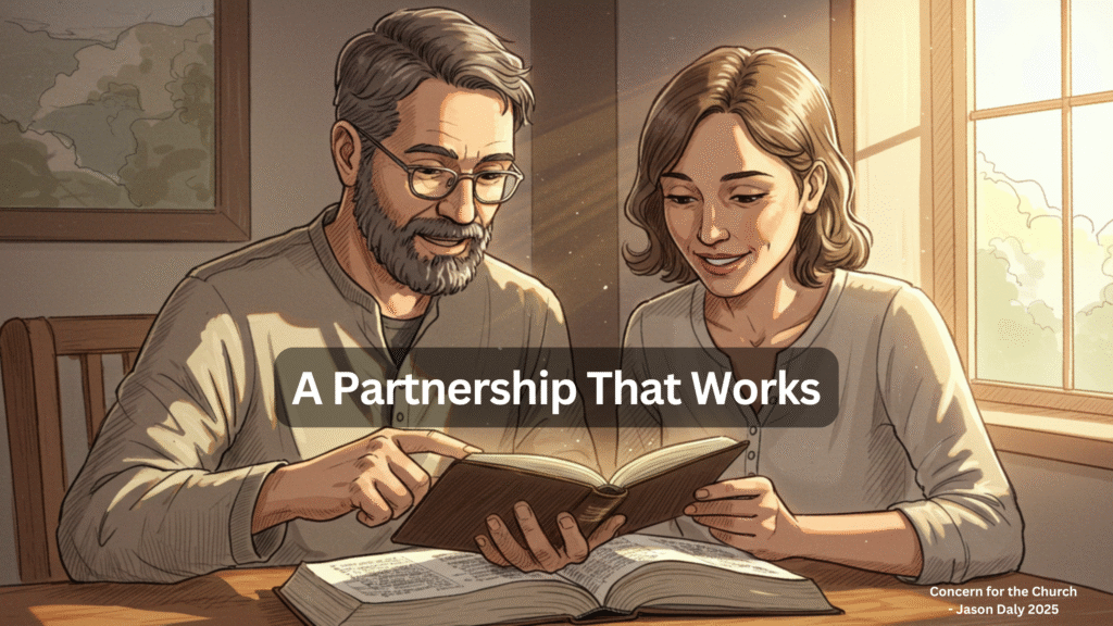 a man and a woman sit together reading and learning God's word, the bible works with us as we learn and grow.