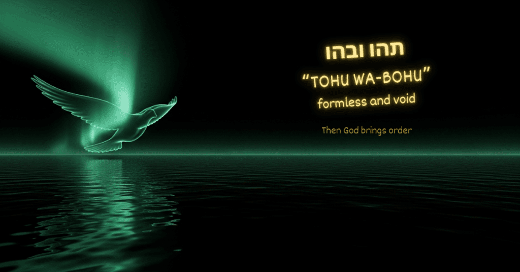 Dark, featureless water-planet floats in black space; a pale emerald veil above hints at God's Spirit hovering over the deep.