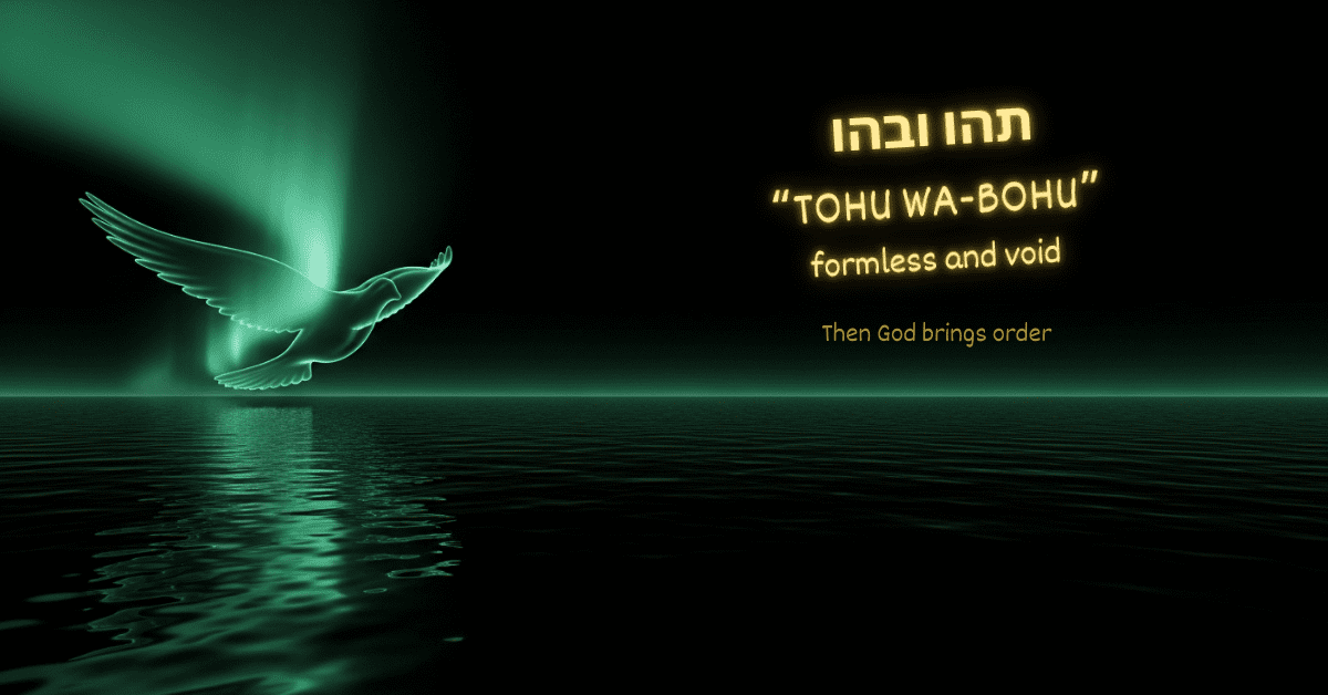 Dark, featureless water-planet floats in black space; a pale emerald veil above hints at God's Spirit hovering over the deep.