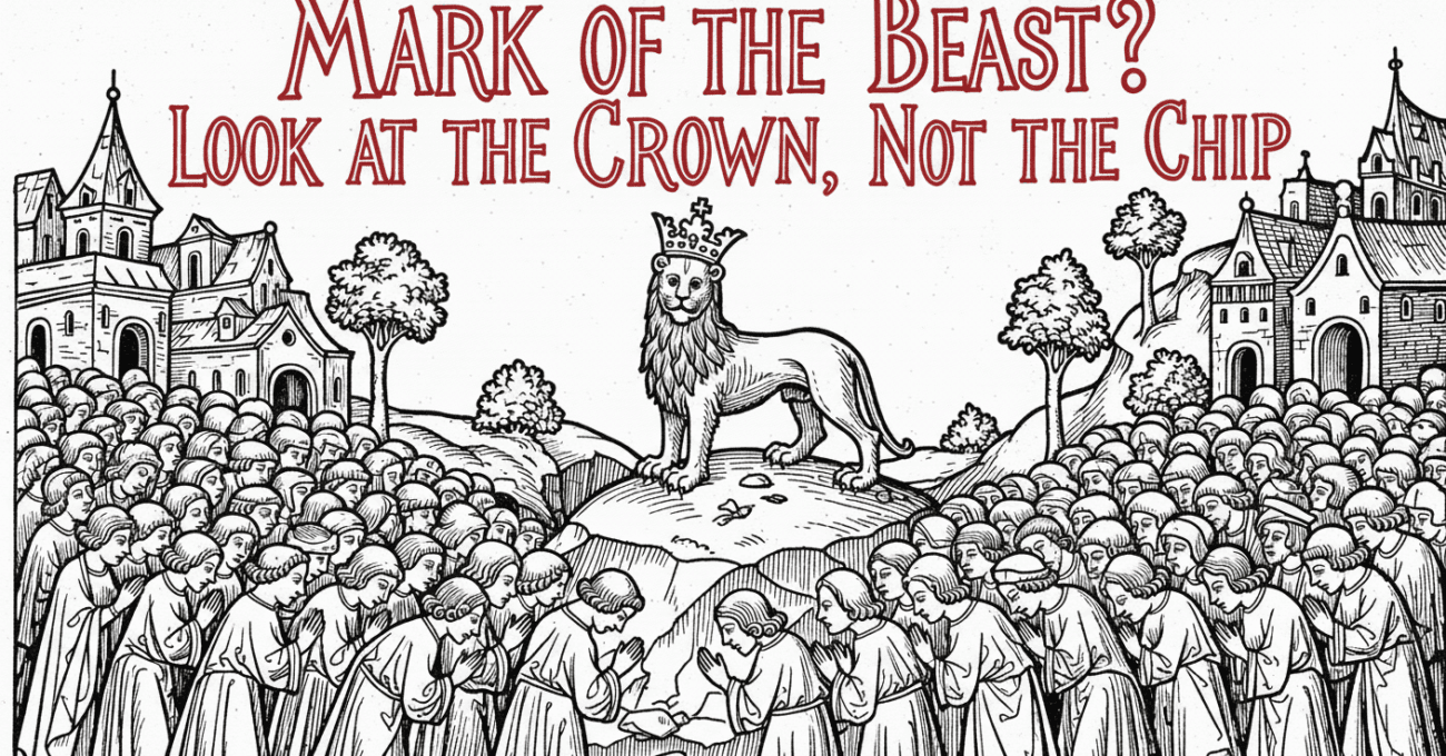 “MARK OF THE BEAST? Look at the Crown, Not the Chip,” symbolizing that the real issue is allegiance, not micro-chips.