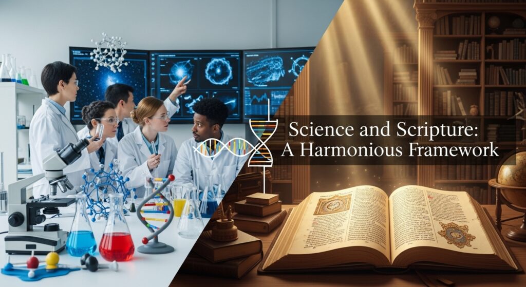 A group of scientist work together on a project. An open bible suggesting Science and Scripture are a Harmonious Framework that can work together.