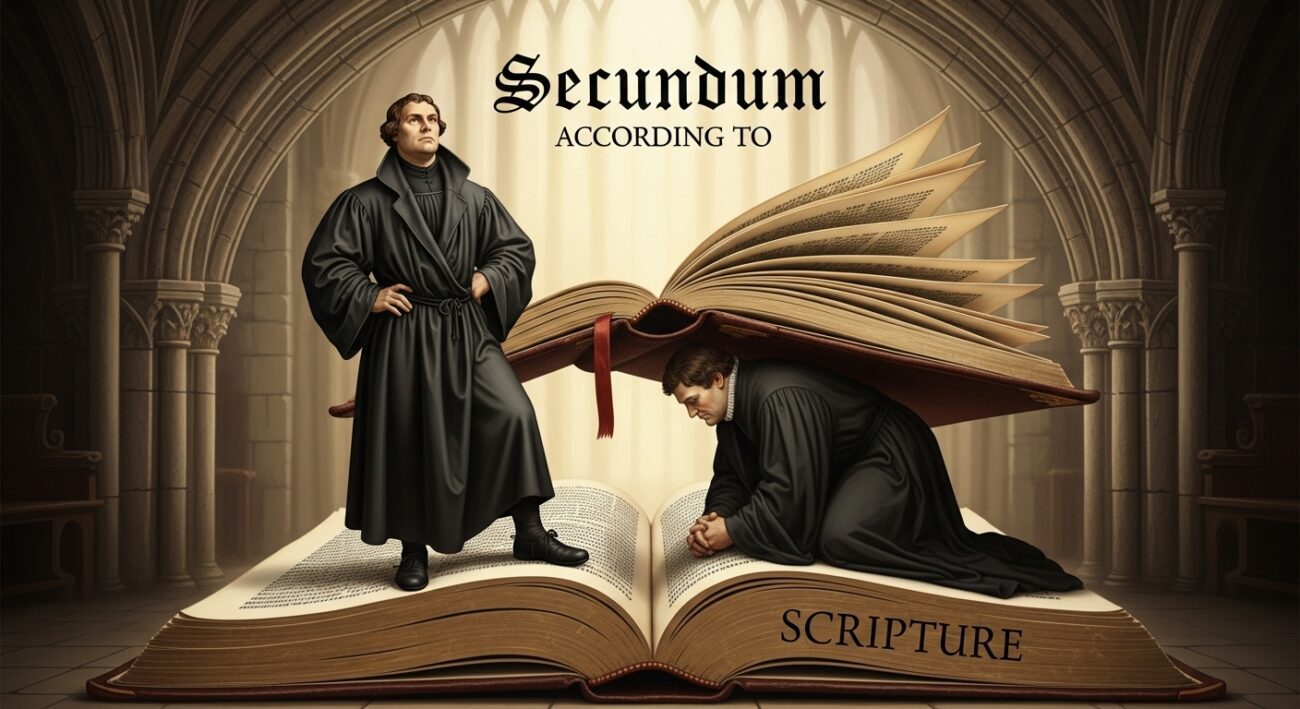 A man in a clerical robe stands authoritatively over a large, open Bible, while a second man kneels and submits to its weight. The image illustrates two different postures toward the authority of Scripture.