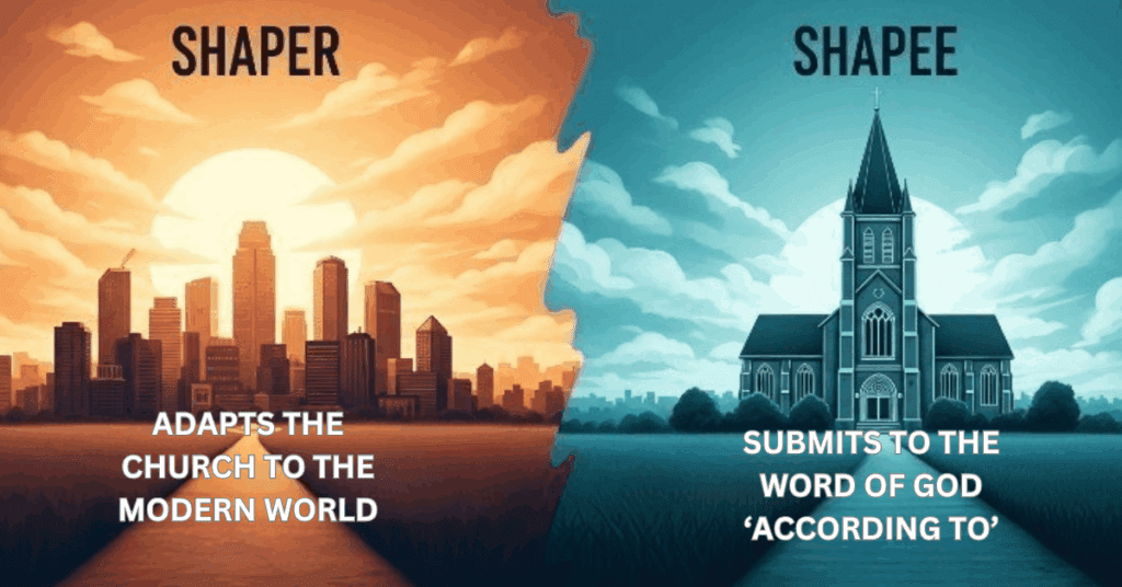 A split image showing a city skyline labeled "SHAPER" on the left and a traditional church labeled "SHAPEE" on the right, representing two different paths for the church.