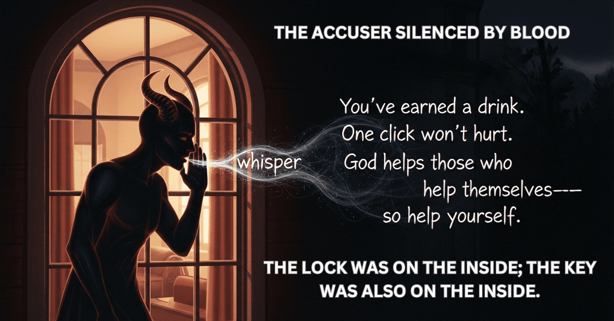 A dark, horned figure whispers temptations like "You've earned a drink" into a window, illustrating the spiritual battle against the accuser as discussed in the blog post.