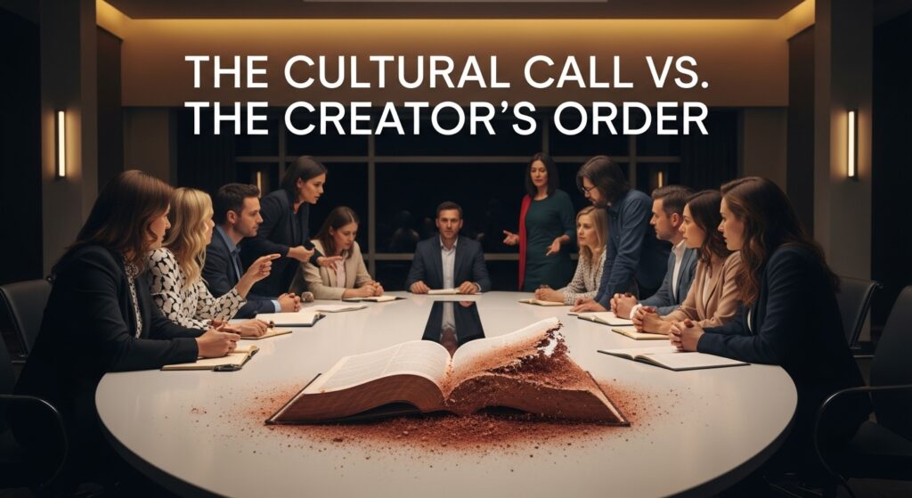 A group of people at a conference table with an open, disintegrating Bible, symbolizing the tension between cultural pressures and the Creator's enduring order.