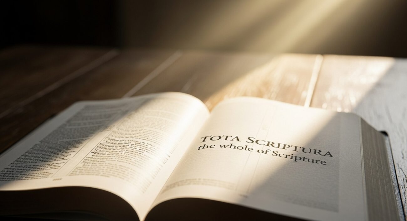 An open Bible on a wooden table, illuminated by soft light, with overlaid text reading "Tota Scriptura" and "the whole of Scripture," symbolizing the complete authority of God's Word.