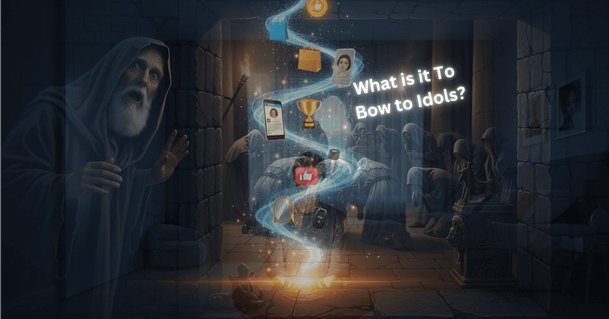 Ezekiel's vision of hidden idolatry, showing a man peeking into a temple where figures are bowing to a glowing spiral of modern idols like a smartphone, a trophy, and a shopping bag.