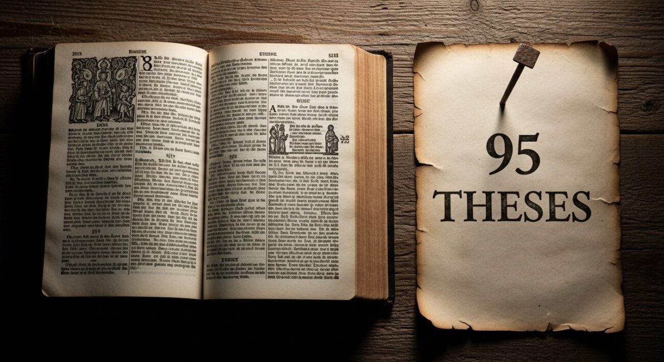 Nailed 95 Theses parchment—symbol of the Reformation’s return to Scripture, not culture.