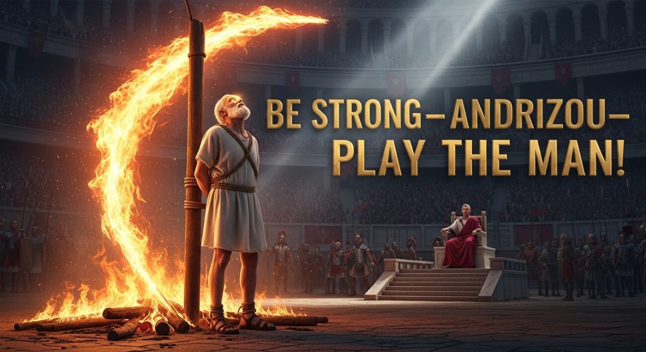 Polycarp, bishop of Smyrna, tied to a stake with burning wood below, flames arching around him in a Roman stadium filled with a bloodthirsty crowd and the proconsul on a throne, with the text 'Be Strong—Andrizou—Play the Man!' in gold.