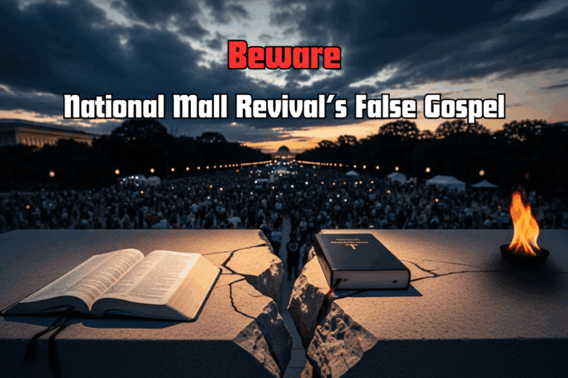 Cracked altar with open Bible and flame on National Mall, warning of Communion America heresy and false gospel revival