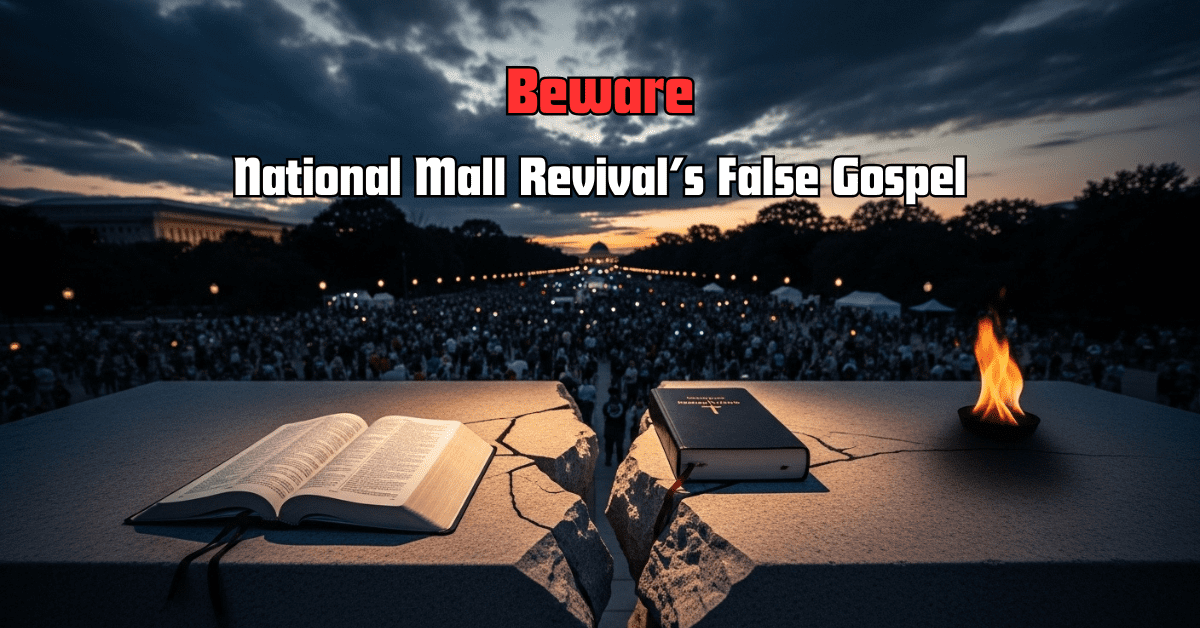 Cracked altar with open Bible and flame on National Mall, warning of Communion America heresy and false gospel revival