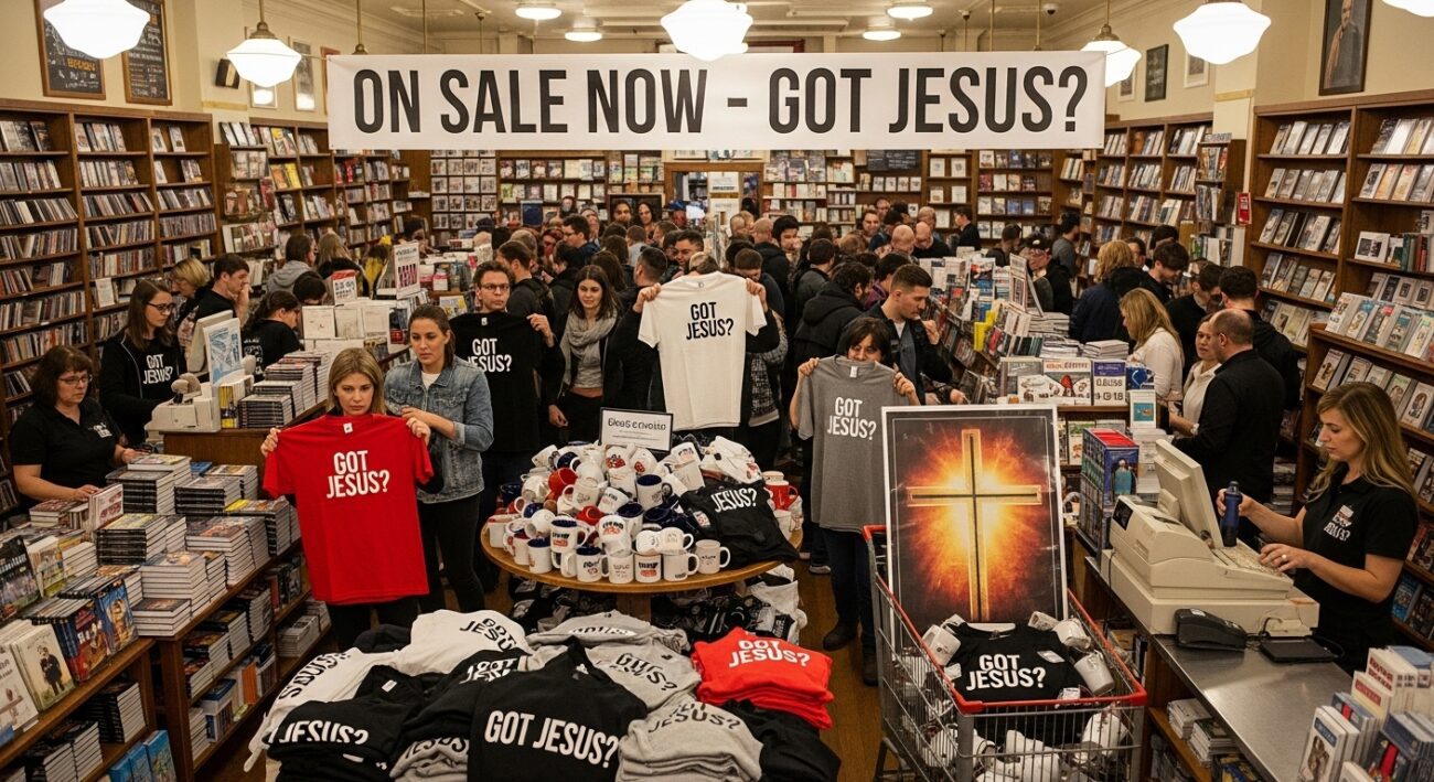 Got Jesus? Bumper sticker and T-shirt merchandise in a crowded Christian bookstore, illustrating the commercialization of the gospel.