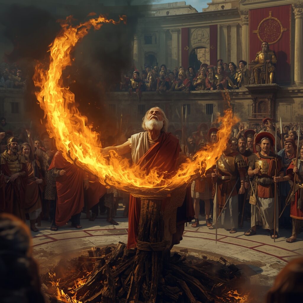 Polycarp stands in the middle of a fire in a stadium full of people.