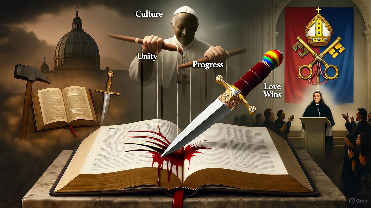 Open Bible pierced by velvet-handled dagger with papal keys; blood flows from 1 Timothy verses; Pope pulls strings labeled Culture, Unity, Progress, Love Wins; woman preacher under Vatican banner – symbolizing Rome's subtle absorption of Protestant churches through ecumenism and cultural compromise.