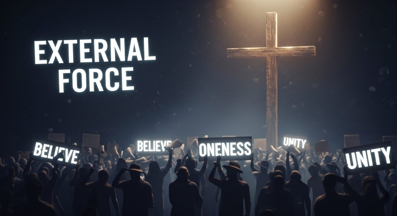 This image depicts a softly illuminated cross at the center of a vibrant yet chaotic scene, with blurred figures holding megaphones and political signs.
