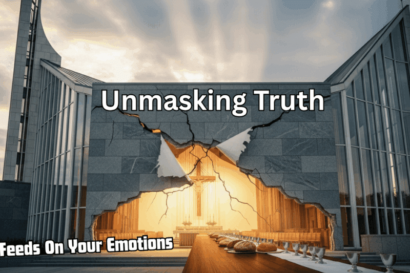Close-up of a modern, white stone church or ministry building facade violently cracked and peeling away to reveal a traditional, sacred Christian interior with a cross, altar, pews, and communion elements (bread and wine). Text overlay reads: "Unmasking Truth."