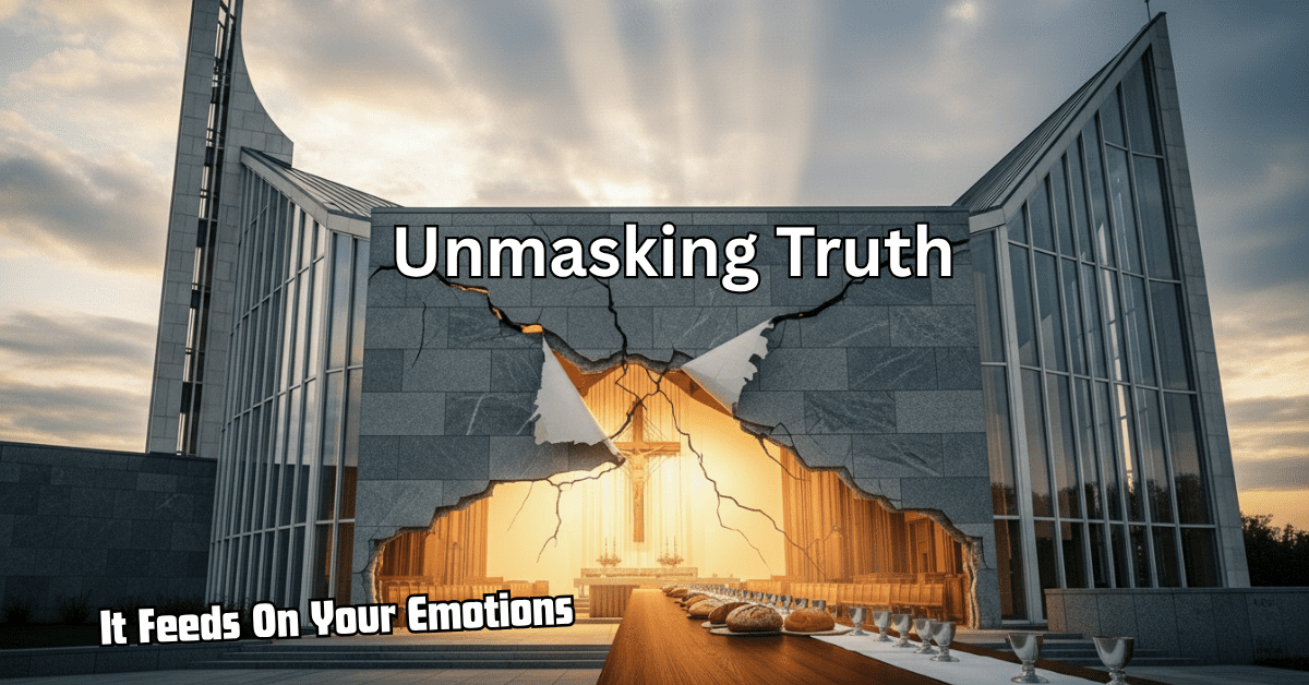 Close-up of a modern, white stone church or ministry building facade violently cracked and peeling away to reveal a traditional, sacred Christian interior with a cross, altar, pews, and communion elements (bread and wine). Text overlay reads: "Unmasking Truth."