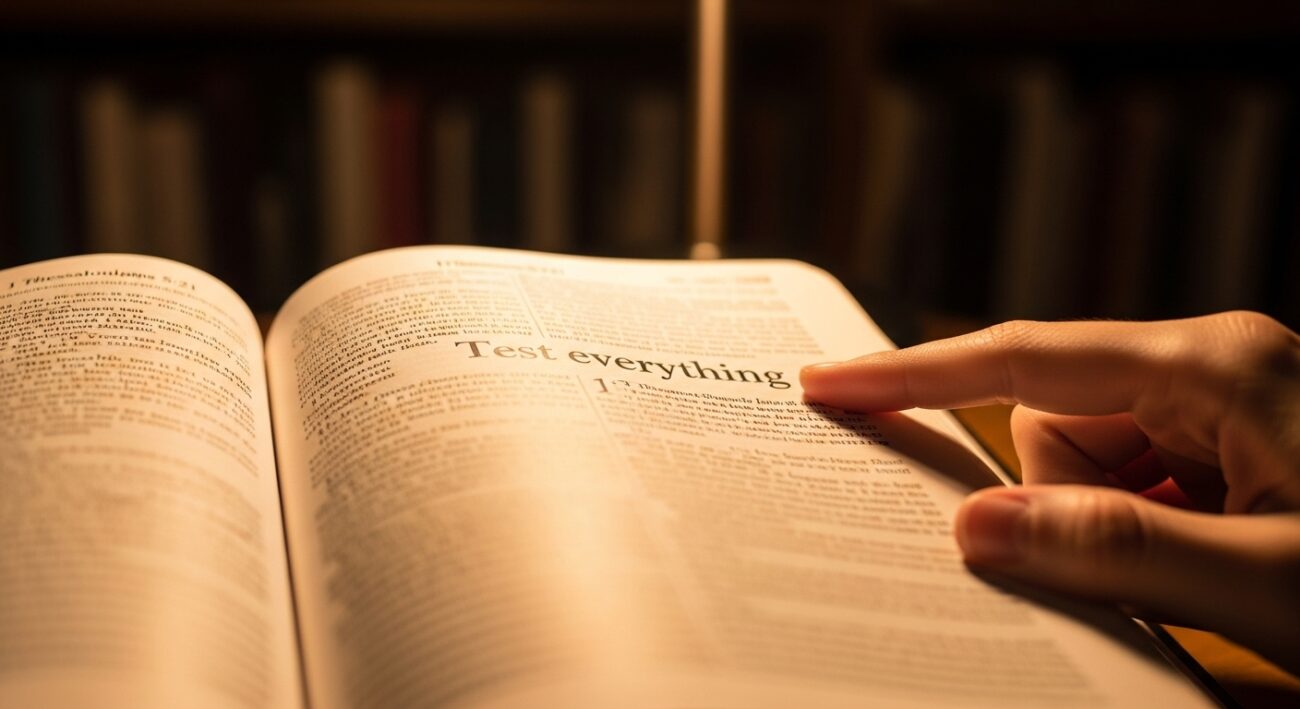Woman’s finger resting on 1 Thessalonians 5:21 (“Test everything”) in open Bible under warm lamp—quiet study, sunrise glow