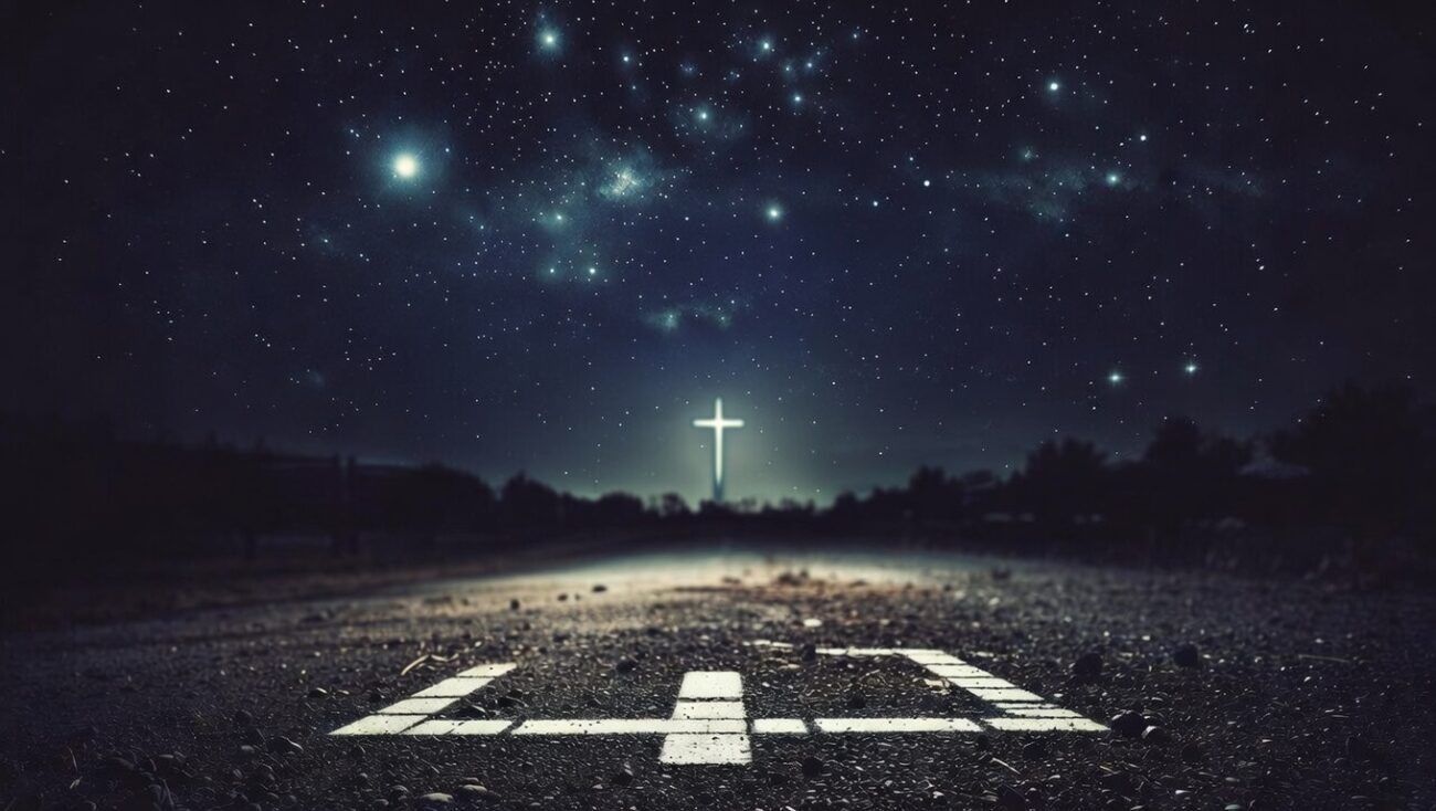 Dark asphalt road at night stretching toward a radiant white cross glowing on the horizon, beneath a starry sky filled with the Milky Way, symbolizing the Christian journey guided by grace toward Christ.