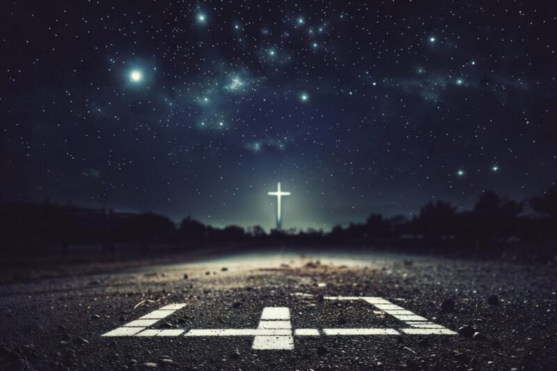 Dark asphalt road at night stretching toward a radiant white cross glowing on the horizon, beneath a starry sky filled with the Milky Way, symbolizing the Christian journey guided by grace toward Christ.
